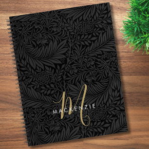 Elegant Gold Monogram Black Floral Pattern Notebook