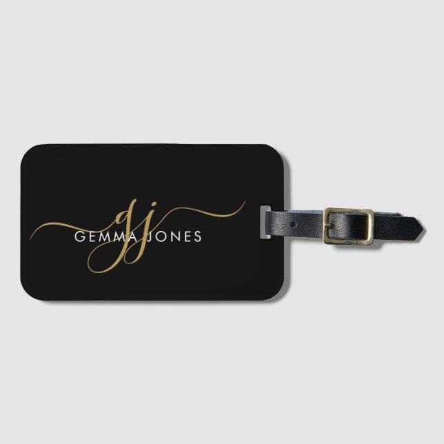 Elegant Gold Monogram Black Luggage Tag (Front Horizontal)