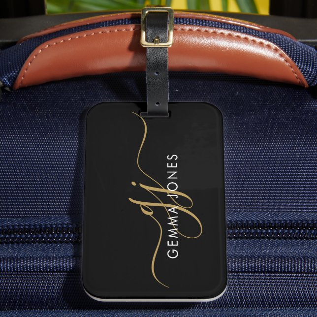 Elegant Gold Monogram Black Luggage Tag (Front Insitu 2)