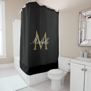 elegant gold monogram black shower curtain