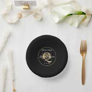 Elegant Gold Monogram Black with White Wedding Paper Plate