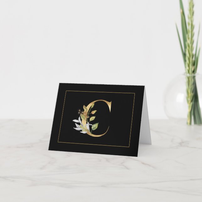 Elegant Gold Monogram C with Flowers Note Card (Front)
