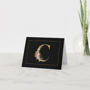 Elegant Gold Monogram C with Pink Flowers Note Card