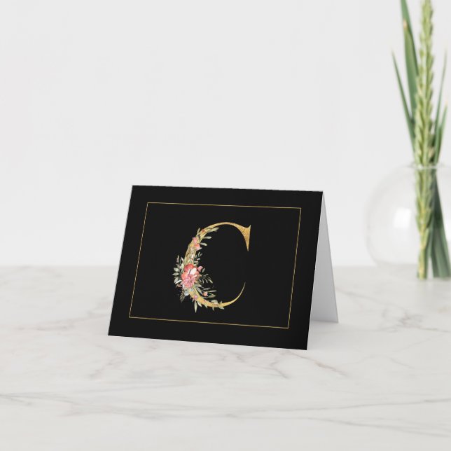 Elegant Gold Monogram C with Pink Flowers Note Card (Front)