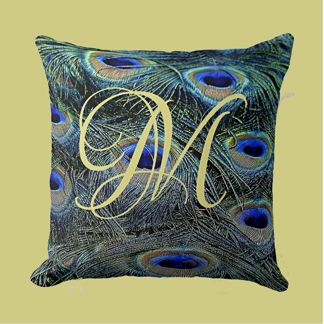 Elegant Gold Monogram Colourful Peacock Feathers Cushion (Creator Uploaded)