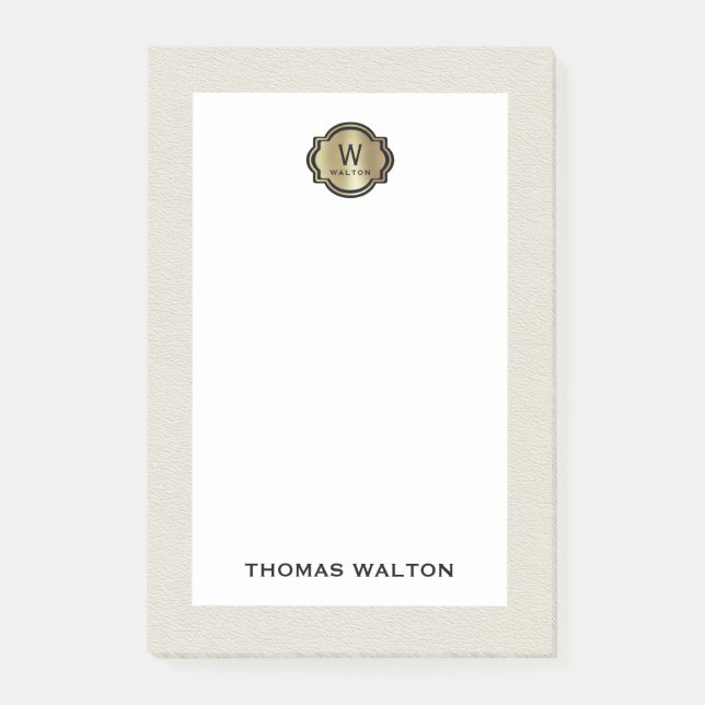 Elegant Gold Monogram Creamy White Leather Look Post-it Notes (Front)