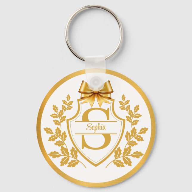 Elegant Gold Monogram Crest, Bow Personalised Name Key Ring (Front)