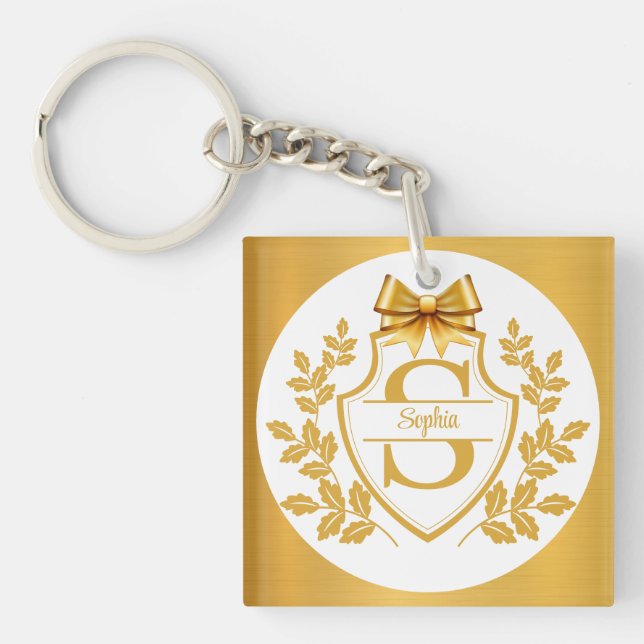 Elegant Gold Monogram Crest, Bow Personalised Name Key Ring (Front)
