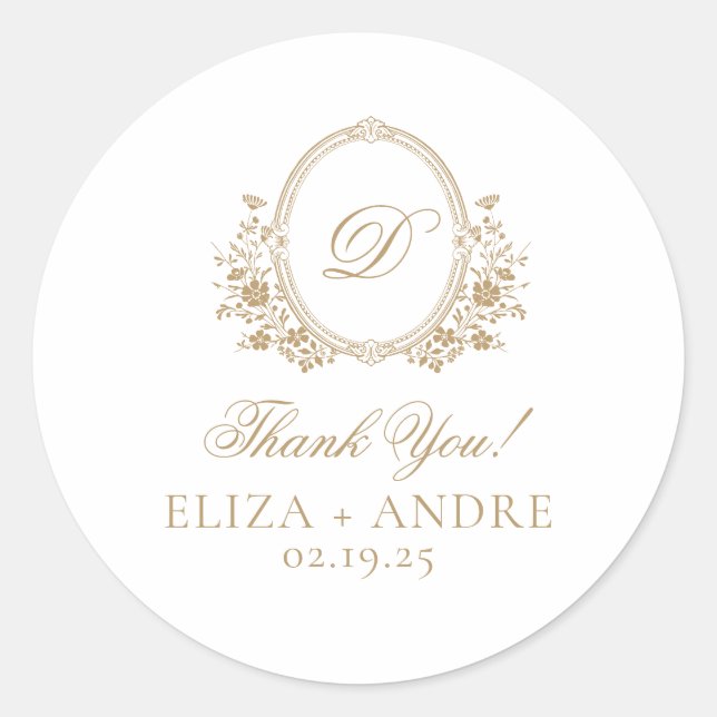 Elegant Gold Monogram Crest Wedding Classic Round Sticker (Front)