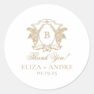 Elegant Gold Monogram Crest Wedding Classic Round Sticker
