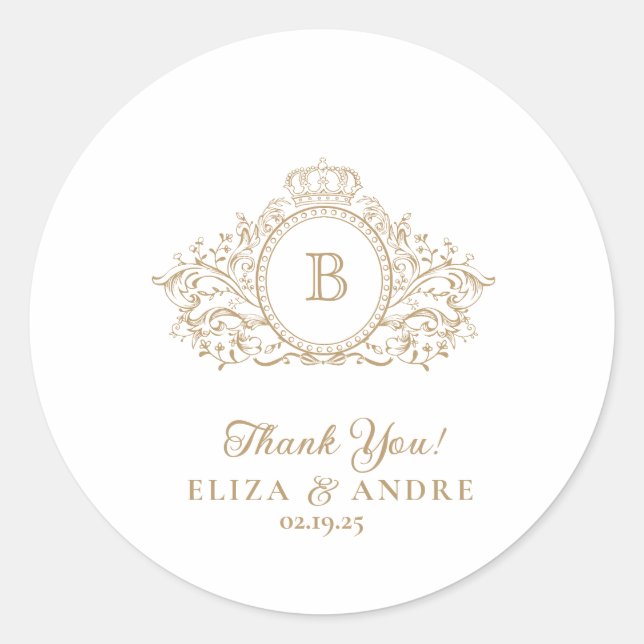 Elegant Gold Monogram Crest Wedding Sticker (Front)