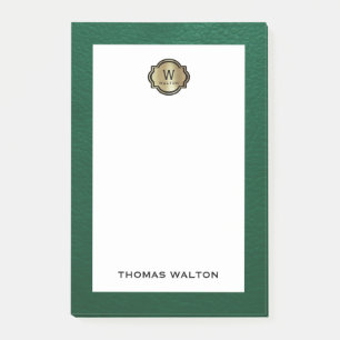 Elegant Gold Monogram Emerald Green Leather Look Post-it Notes