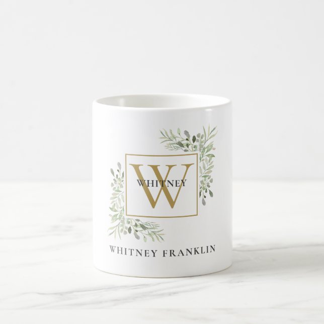 Elegant Gold Monogram Eucalyptus Greenery Coffee Mug (Center)