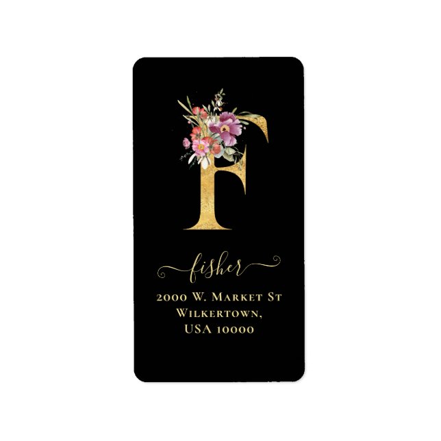 Elegant Gold Monogram F Floral Address Label (Front)