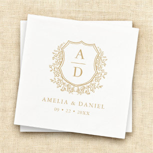Elegant Gold Monogram Floral Crest Wedding  Napkin