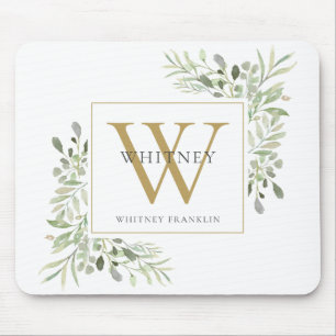 Elegant Gold Monogram Floral Greenery Mouse Pad