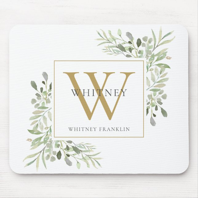 Elegant Gold Monogram Floral Greenery Mouse Pad (Front)