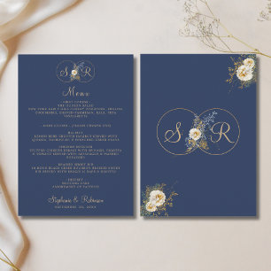 Elegant Gold Monogram Floral Navy Blue Wedding  Menu