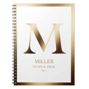Elegant Gold Monogram Framed White Notebook