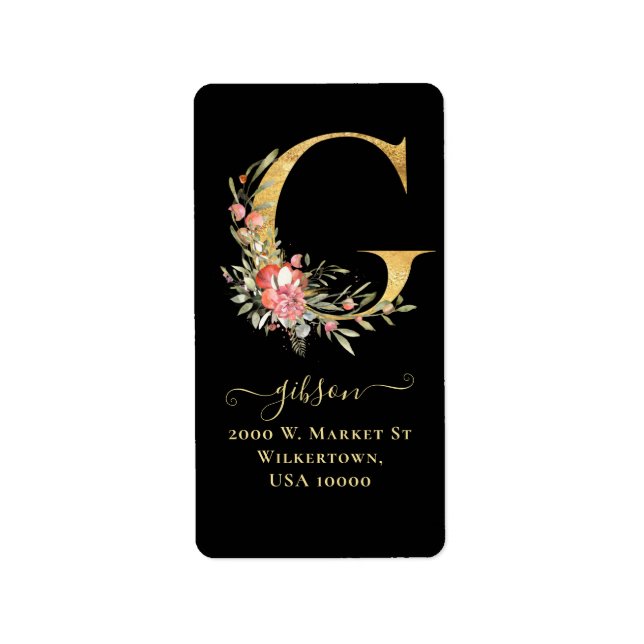 Elegant Gold Monogram G Floral Address Label (Front)