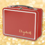 Elegant Gold Monogram Girls Boys Kids Cute School Metal Lunch Box<br><div class="desc">Create your own custom, personalised, simple, elegant faux gold calligraphy / typography / script / font monogram monogrammed, modern cool chic stylish, adorable, durable food safe tin plate, food contact safe interior material, classic style kids girls boys cute red metal school lunch box with collapsible black plastic handles. Simply type...</div>