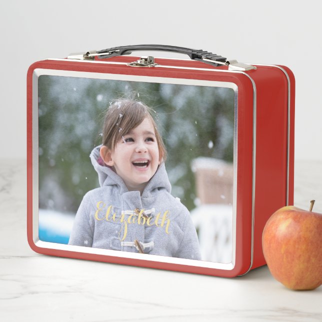 Elegant Gold Monogram Girls Boys Kids Photo School Metal Lunch Box (In Situ)