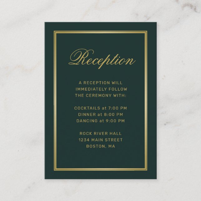 Elegant Gold Monogram Green Wedding Reception Enclosure Card (Front)