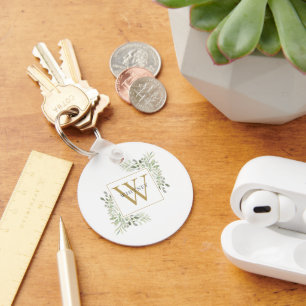 Elegant Gold Monogram Greenery Personalised Key Ring