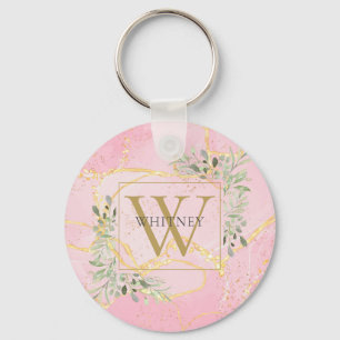 Elegant Gold Monogram Greenery Pink Agate Geode Key Ring