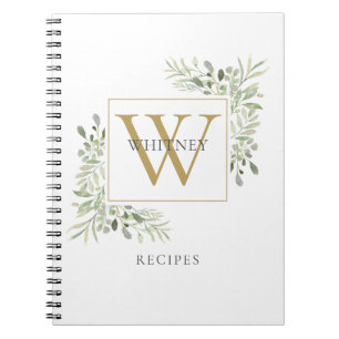 Elegant Gold Monogram Greenery Recipe Cookbook Notebook