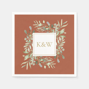 Elegant Gold Monogram Greenery Terracotta Napkin