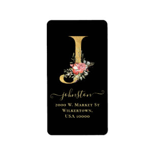 Elegant Gold Monogram J Floral Address Label