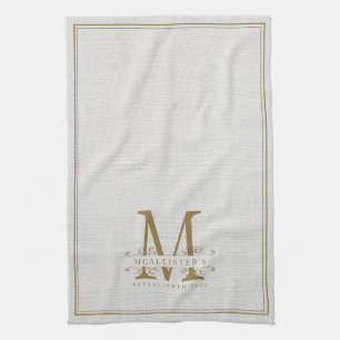 Elegant Gold Monogram Linen Family Establish Year Tea Towel