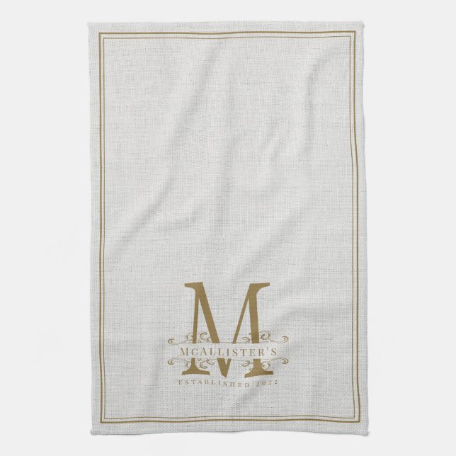 Elegant Gold Monogram Linen Family Establish Year Tea Towel (Vertical)