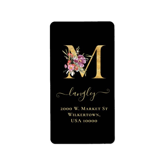 Elegant Gold Monogram M Floral Address Label (Front)