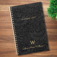 Elegant Gold Monogram Name Black Floral 2026