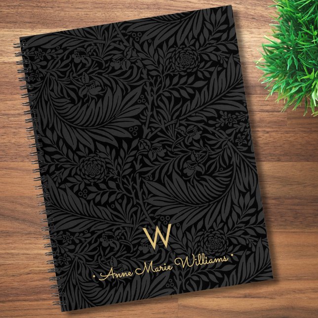 Elegant Gold Monogram Name Black Floral Pattern Notebook (Creator Uploaded)