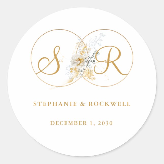 Elegant Gold Monogram Name Initial Wedding  Classic Round Sticker (Front)