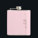 Elegant Gold Monogram Name Script Blush Pink Hip Flask<br><div class="desc">Elegant Stylish Modern Minimalist Gold Monogram Name Script Signature Custom Personalised Blush Pink Flask. Featuring first name in a pretty hand lettering swash tail font calligraphy (or typography) in gold on blush pink or baby pink colour background. These are easy to customise it. Great stylish feminine bachelorette party gift, housewarming...</div>