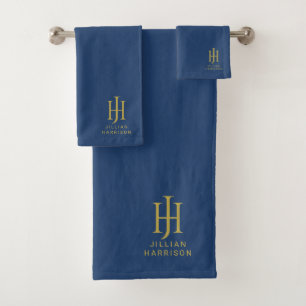 Elegant Gold Monogram Navy Blue Bath Towel Set