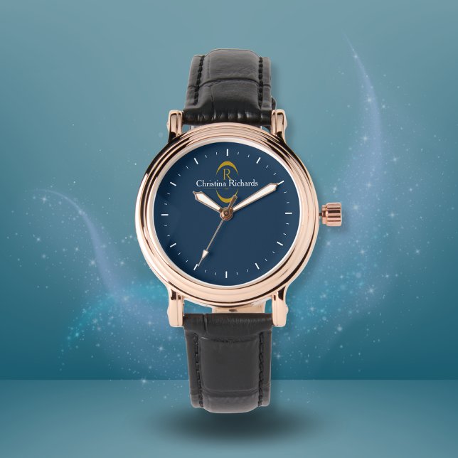 Elegant Gold monogram Navy Blue Modern Watch (Creator Uploaded)