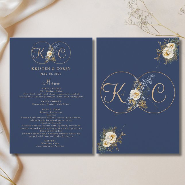 Elegant Gold Monogram Navy Blue Wedding  Menu (Creator Uploaded)