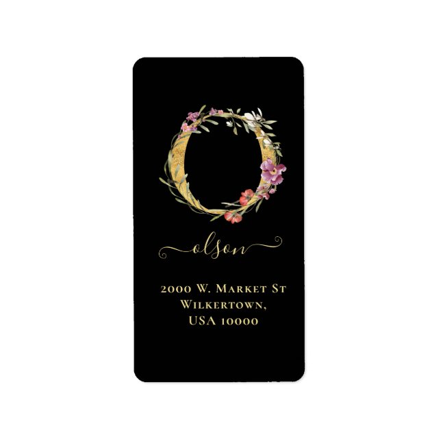 Elegant Gold Monogram O Floral Address Label (Front)