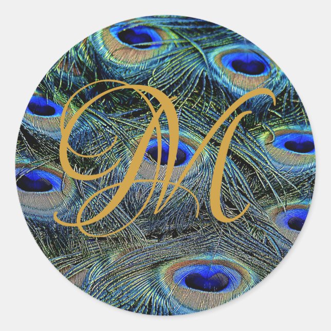 Elegant Gold Monogram On Peacock Feathers Classic Round Sticker (Front)