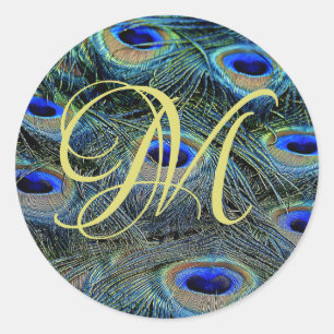 Elegant Gold Monogram On Peacock Feathers Classic Round Sticker