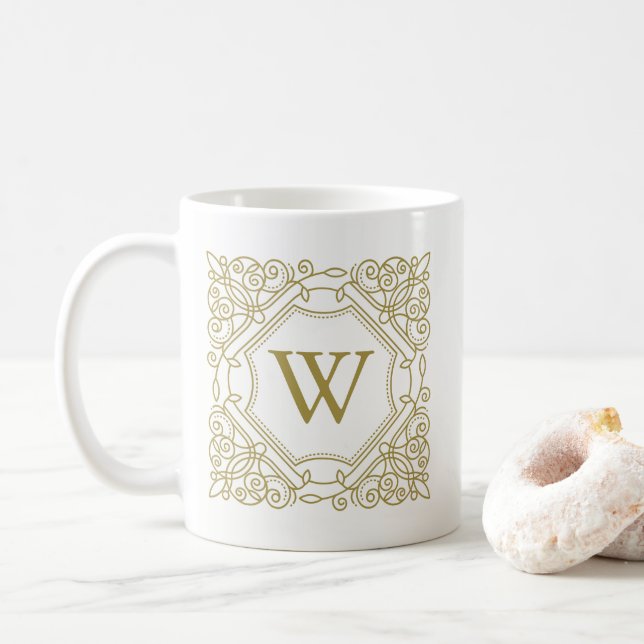Elegant Gold Monogram Ornamental Frame Coffee Mug (With Donut)