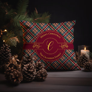 Elegant Gold Monogram Plaid Christmas Holiday  Cushion