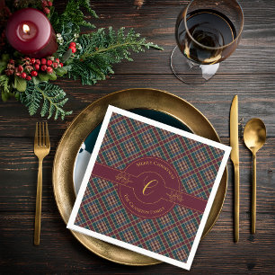 Elegant Gold Monogram Plaid Christmas Holiday Napkin