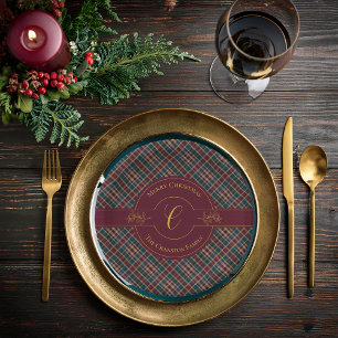 Elegant Gold Monogram Plaid Christmas Holiday  Paper Plate