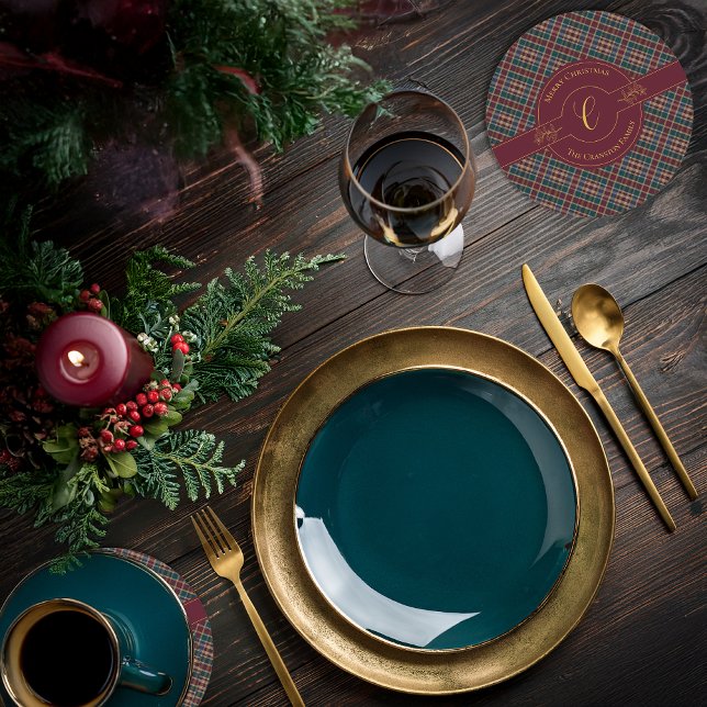 Elegant Gold Monogram Plaid Christmas Holiday  Round Paper Coaster (Elegant Gold Monogram Holly and Berries and Rich Dark Plaid Christmas Holiday Round Paper Coaster)